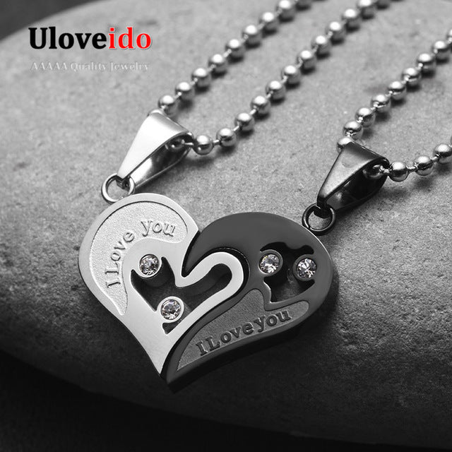 Mens Stainless Steel Chain Black Heart Love Necklaces for Couples Korean Ladies Fashion Trendy Paired Suspension Pendants Model