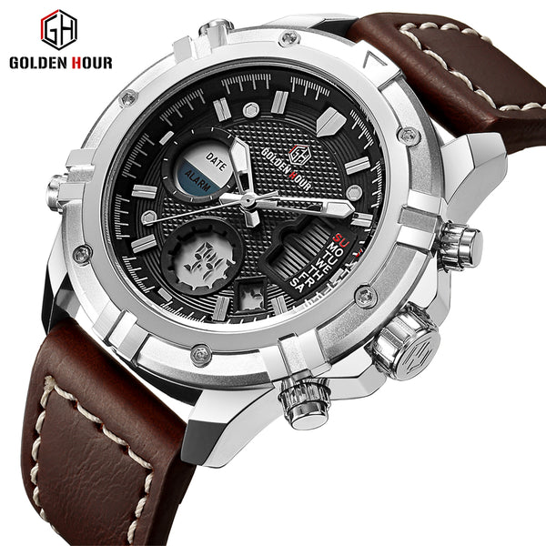 GOLDENHOUR Fashion Luxury Brand Men Waterproof Military Sports Watches Men's Quartz Analog Leather Wrist Watch relogio masculin